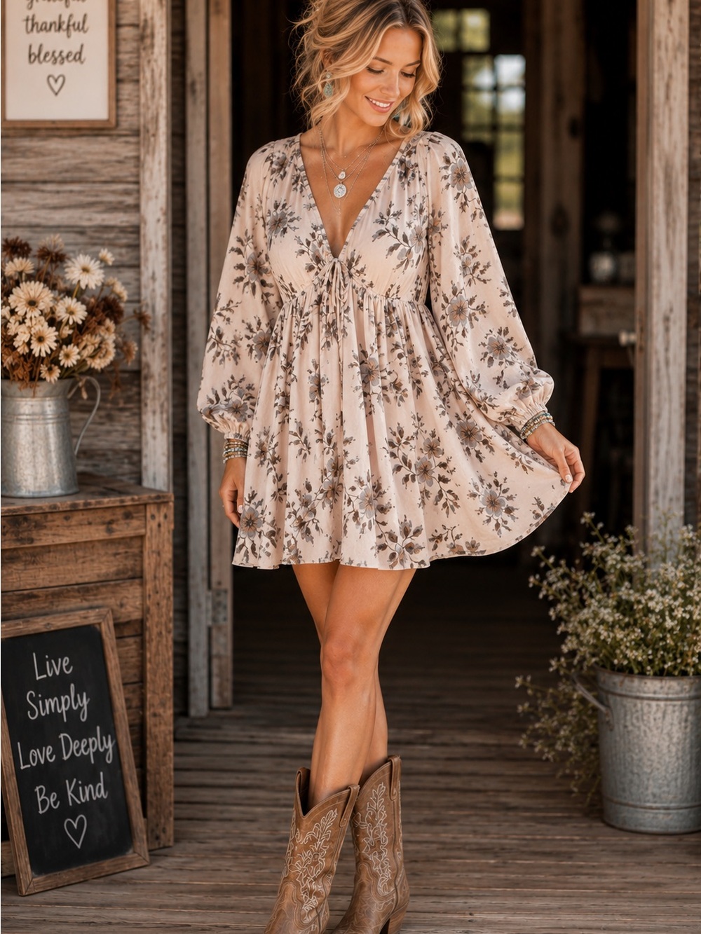 Free People Beige Floral V-Neck Mini Dress
